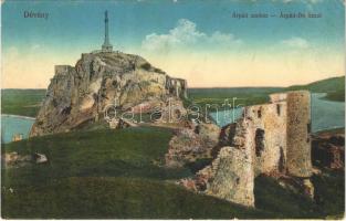 Dévény, Theben a. d. Donau, Devín (Pozsony, Bratislava); Árpád szobor, várrom. Vasúti levelezőlapárusítás 3.sz. 1915. / statue, castle ruin (fl)