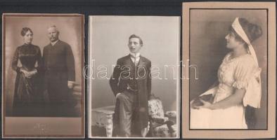 cca 1900 12 db vegyes keményhátú fotó, közte portrék, családi fotók, 10,5x6,5 cm-től 13x9 cm-ig