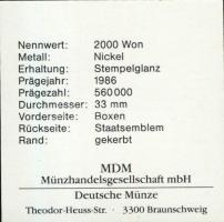 Dél-Korea 1986. 2000W "Szöuli olimpia - box" T:1 Díszdobozban, tanúsítvánnyal!