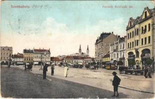 1909 Szombathely, Horváth Boldizsár tér, villamos, üzletek. L.&P.P. Fotochrom 1435. (EB)