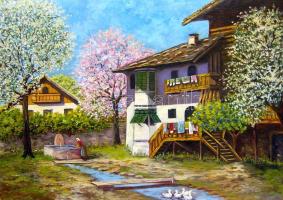 T. Hank jelzéssel: Falusi életkép, olaj, vászon 100x70 cm