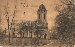 1915 Aszód, Evangélikus templom. Petőfi nyomda kiadása + KASSA - BUDAPEST 10. SZ. vasúti mozgóposta bélyegző (r)