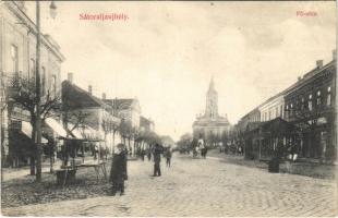 1912 Sátoraljaújhely, Fő utca, üzletek, Takarékpénztár, templom. Vajda József kiadása (EK)