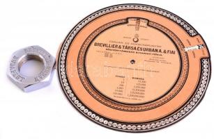 1926 Brevillier és Urbán csavar és kovácsárugyár rt. mozgatható Korona-Pengő átszámítási táblázat. d:21 cm + Nikkelezett anya csavar formájú reklámos levélnehezék d: 7 cm