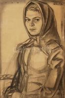 Glatz Oszkár (1872-1958):  Falusi lány szén, papír, szignált, keretben 40x60 cm