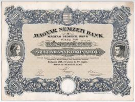 Budapest 1924. "Magyar Nemzeti Bank" részvény 100K-ról (4x), sorszámkövetők, szelvényekkel...