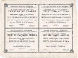 Budapest 1924. "Magyar Nemzeti Bank" 25db részvénye egyben, egyenként 100K-ról, szelvények...