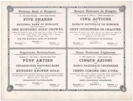 Budapest 1924. "Magyar Nemzeti Bank" 5db részvénye egyben, egyenként 100K-ról, szelvényekk...