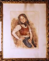 Glatz Oszkár (1862-1958)-Prihoda István (1891-1956): Parasztlányka; színezett rézkarc, szignált keretben 45x50 cm