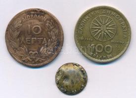 Görögország 1869. 10l "I. György" + 1992. 100Dr Cu-Ni + "Nagy Sándor" fém zseton...