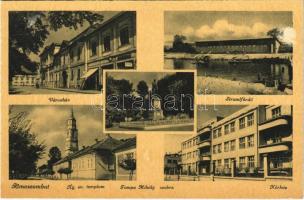 Rimaszombat, Rimavská Sobota; városház, strandfürdő, kórház, Ágostai evangélikus templom, Tompa Mihály szobor / town hall, spa, hospital, church, statue