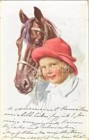 1914 Girl with horse. Children art postcard. B.K.W.I. 881-1. s: K. Feiertag