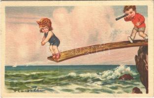 1925 Romantic couple, swimming, humour, Italian children art postcard. CCM. 2354. s: Castelli