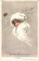 Herzliche Weihnachtsgrüße / Snowbirds. Lady art postcard with Christmas greeting. Reinthal & Newman Pubs. No. 604. s: Harrison Fisher (EK)