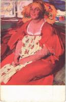 Die Bäuerin im Sarafan / Russian folklore lady art postcard s: A. Archipoff (kopott sarkak / worn corners)