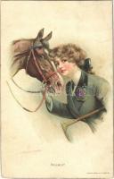 1913 Vollblut / Lady with horse. Arthur Rehn & Co. A.R. & C.i.B. 424. litho (vágott / cut)