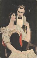 Romantic couple, lady art postcard (EB)