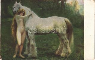 Bons amis / Gute Freunde / Erotic nude lady art postcard, lady with horse. Paul Heckscher Imp. 127. s: Jan Styka (fl)