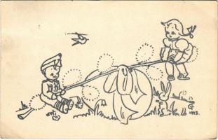 1943 Húsvéti üdvözlet. Ezt a levelezőlapot Greskovics Teréz, a 416. sz. diákkaptár tagja, az esztergomi rk. líceum III. osztályos tanulója tervezte / Easter greeting art postcard (EB)