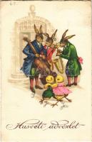 1934 Húsvéti üdvözlet / Easter greeting art postcard, rabbit with saxophone, dancing chicken (EK)