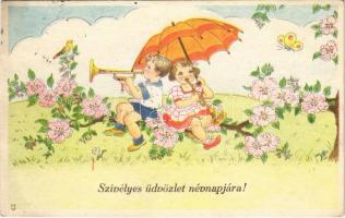 Szívélyes üdvözlet névnapjára! / Name Day greeting art postcard, children with trumpets (EB)