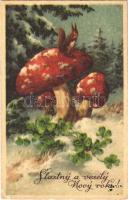 1938 Stastny a vesely Novy rok! / New Year greeting art postcard, squirrel with mushrooms and clovers (EK)