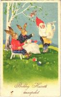 1934 Boldog Húsvéti ünnepeket! / Easter greeting art postcard, rabbits with dwarf (EK)