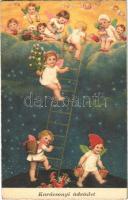 1943 Karácsonyi üdvözlet / Christmas greeting art postcard, angels (EK)