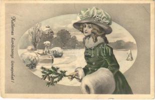 1914 Kellemes karácsonyi ünnepeket! / Christmas greeting art postcard, lady. Serie 904. 1-4. (EK)