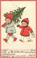1923 Boldog karácsonyi ünnepeket! / Christmas greeting art postcard, children with Christmas tree. EAS. 4734. (EK)