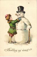 1927 Boldog Újévet! / New Year greeting art postcard, snowman (EK)
