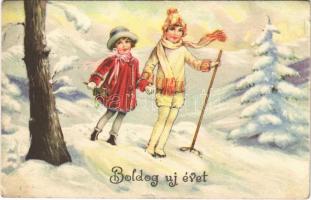 1935 Boldog Újévet! / New Year greeting art postcard, ski, winter sport. L&P 2863. (Rb)