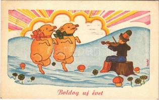 1941 Boldog Újévet! / New Year greeting art postcard, Hungarian folklore, pigs dancing to the violin s: Gyulai (EK)