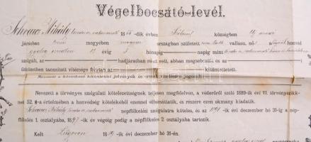 1889 Végelbocsájtó levél a lugosi 8. gyalogezredtől, kis szakadással a hajtásnál. 53x42 cm