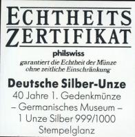 NSZK 1992. "40 éves az első emlékérem" Ag emlékérem 1oz (31,103g) T:BU