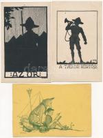 3 db RÉGI cserkész motívum képeslap: Velősy és Márton L. / 3 pre-1945 scout art motive postcards