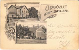 1905 Adony-Pusztaszabolcs, Adony-Szabolcs; Vasútállomás, vasutasok, vasúti vendéglő, étterem. Art Nouveau, floral + BROD-BUDAPEST 32. mozgóposta (EK)