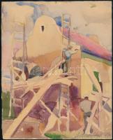 Ádámffy László (1902-?), kétoldalas mű: Építkezés és Táj. Akvarell, papír, jelzett és datált (Ádámffy 1934), 24,5×20 cm