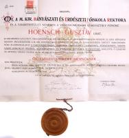 1911 Hoensch Gusztáv mérnök diplomája, amelyben a selmecbányai M. Kir. Bányászati és Erdészeti Főiskola rektora oki. vaskohómérnökké nyilatkozatatja. Fodor László (1855-1924) matematikus, rektor és Barlai Béla (1870-1921) kohómérnök, főbányatanácsos, a szakosztály főnöke aláírásaival, nemzeti színű szalag végén fa tokban viaszpecséttel. Pergamen, 2 korona okmánybélyeggel. Bal felső sarkában apró sérüléssel, hajtva, máskülönben jó állapotban. Kartondobozban. 40x56,5 cm