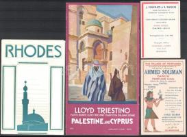 cca 1930-1940 Utazási prospektusok, kártyák (Rodézia, Ciprus, Kairó, Palesztina), 4 db