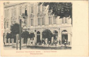 Temesvár, Timisoara; Józsefvárosi Takarékpénztár épülete, Schreier János és Raschka J. üzlete. Raschka J. kiadása / savings bank, shops