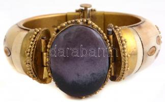 Réz-csont karkötő, ametiszt és achát kövekkel, d: 7 cm