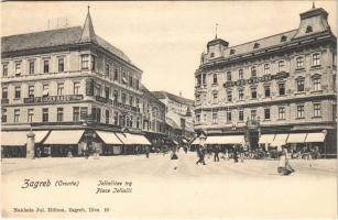 Zagreb, Zágráb; Jellacicev trg, Dr Eugen Rado, Dr Ziga Hercog, Hrvatska Dionicka Vjeresijska Banka / tér, üzletek, bank / square, shops, bank (EK)