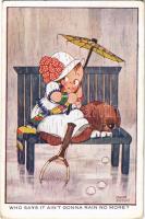 Who says it aint gonna rain no more? / Children art postcard, girl with tennis racket and dog s: Chloe Preston (EK)