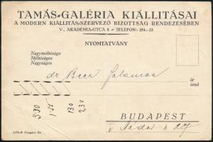 cca 1925 Bp. Akadémia utca, Meghívó a modern magyar festők kiállítására, Tamás Galéria, hajtott