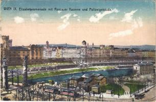 1922 Wien, Vienna, Bécs; Elisabetpromenade mit Rossauer Kaserne und Polizeigebäude / street view, tram, military barracks, police building (EK)