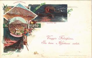 Napoli, Naples; Il Vesuvio, Eruzione 1895, Funicolare e Restaurant, Veduta dall Osservatorio, La lava / Mount Vesuvius, eruption in 1895, observatory, lava, funicular, restaurant. Richter & Co. Art Nouveau, floral, litho (Rb)