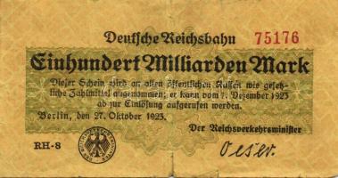 Német Birodalom/Weimari Köztársaság/Német Birodalmi Vasutak/Berlin 1923. 100.000.000.000M T:III-