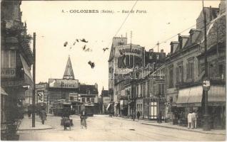 Colombes, Rue de Paris, Lampes Philips Argenta, Bouillon Kub / street view, tram, bicycle, café and restaurant, shops, advertisements