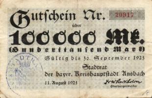 Német Birodalom/Weimari Köztársaság/Ansbach 1923.9.30. 100.000M T:III